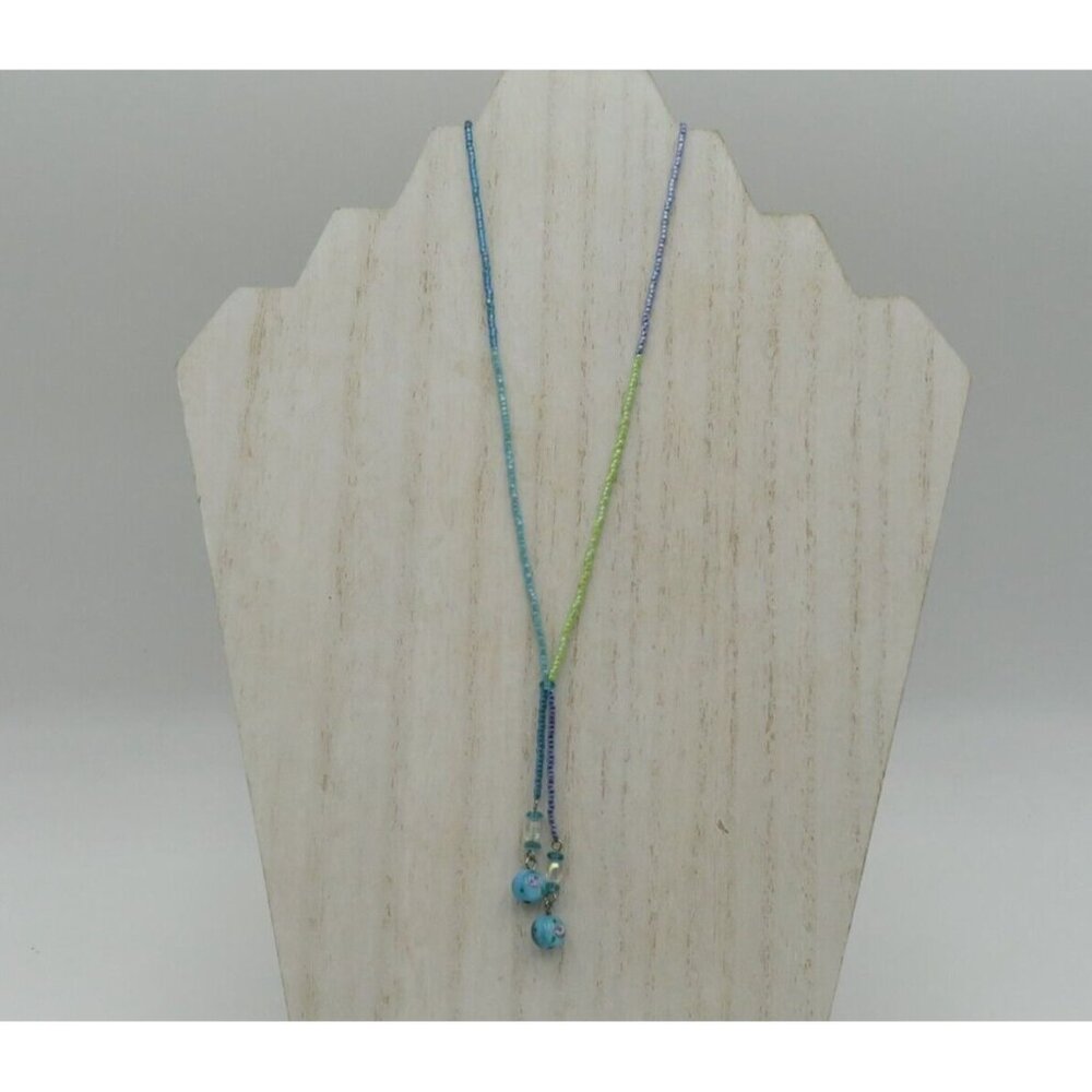 Express Necklace 15" Art Glass Dangles Blue Green Seed Beads Silver Tone